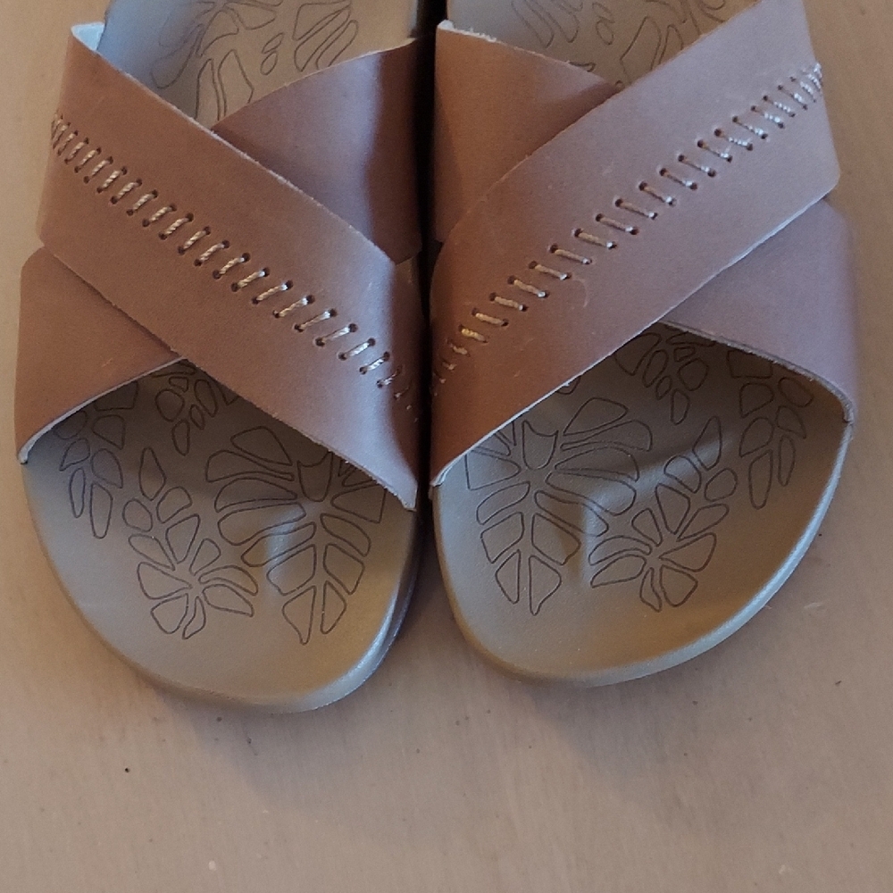 OluKai Tan Leather Cross-Strap Slide Sandals - Picture 6 of 11